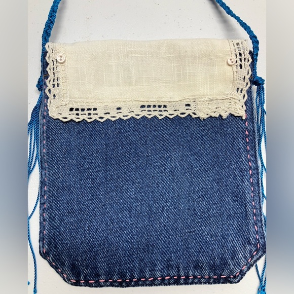 Handmade Upcycled Denim Crossbody Purse, Embroidered, Handstitching - Picture 2 of 6